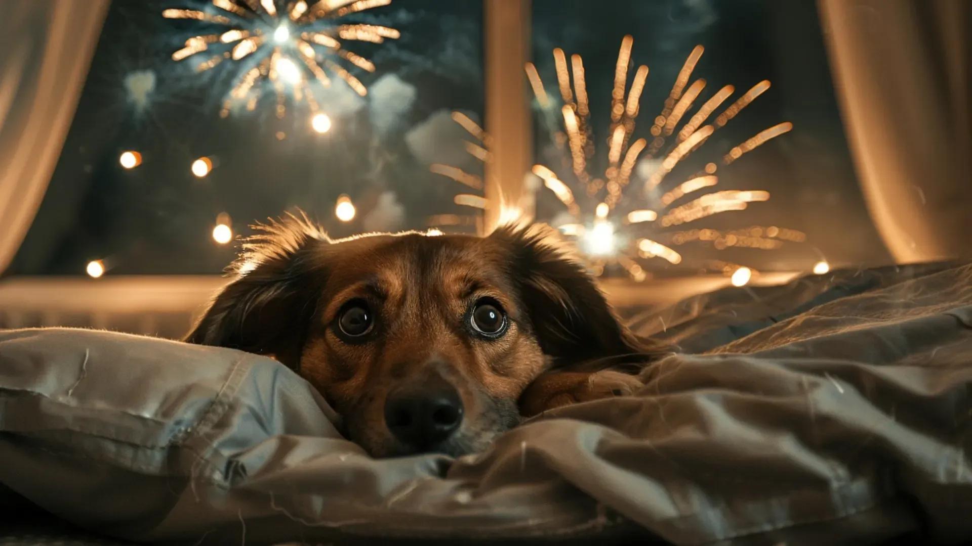 Chien et feu d'artifice